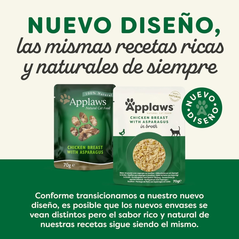 Comida para gatos Applaws 100% natural con pollo y espárragos en caldo - 12 sobres de 70g - Imagen 2