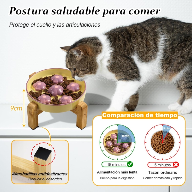 Comedero gato antivoracidad elevado con soporte de bambú antideslizante - característica 4
