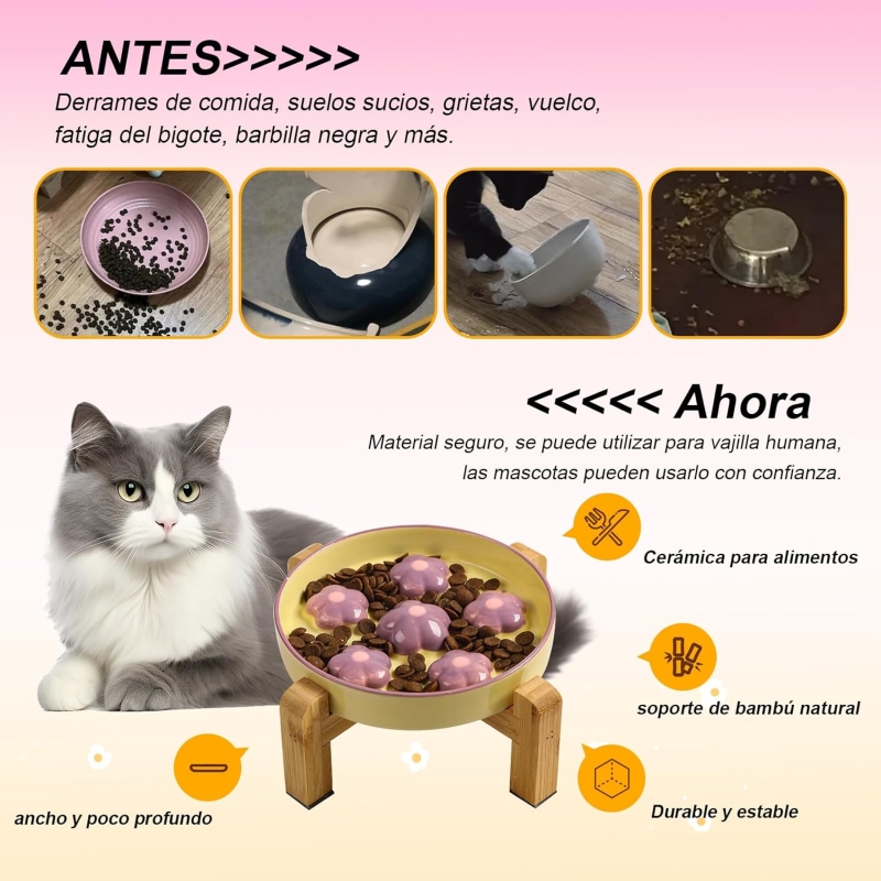 Comedero gato antivoracidad elevado con soporte de bambú antideslizante - imagen 5