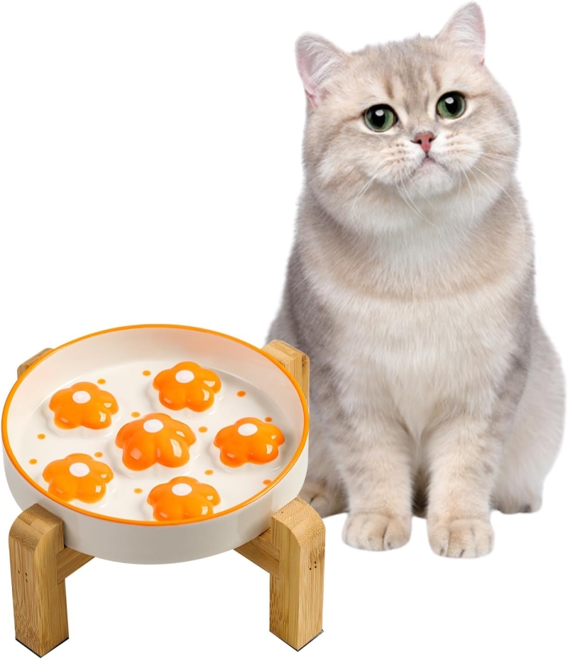 comedero para gato antivoracidad elevado - Comedero para gato antivoracidad elevado con soporte de bambú antideslizante