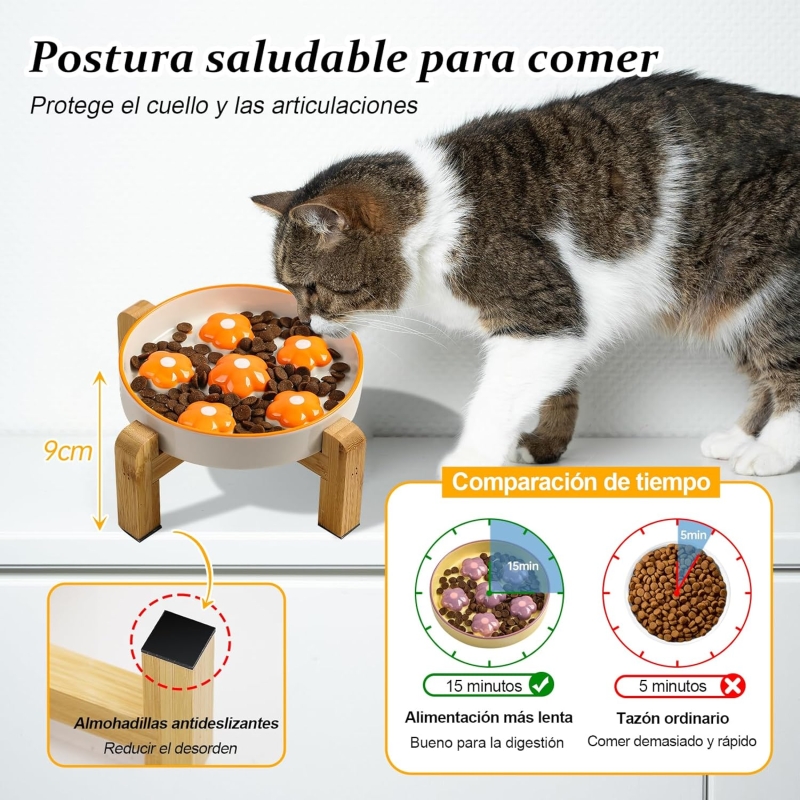 Comedero para gato antivoracidad elevado con soporte de bambú antideslizante - característica 4