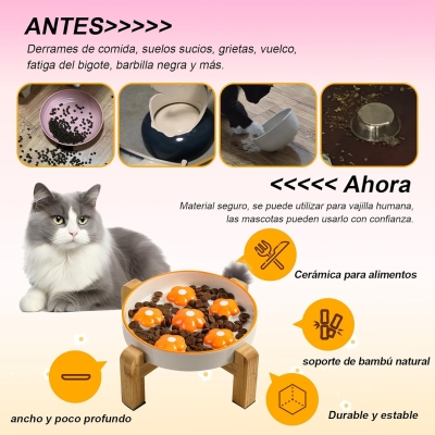 Comedero para gato antivoracidad elevado con soporte de bambú antideslizante - imagen 5