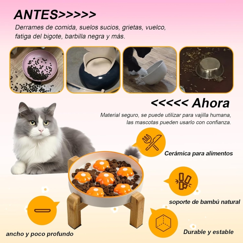Comedero para gato antivoracidad elevado con soporte de bambú antideslizante - imagen 5