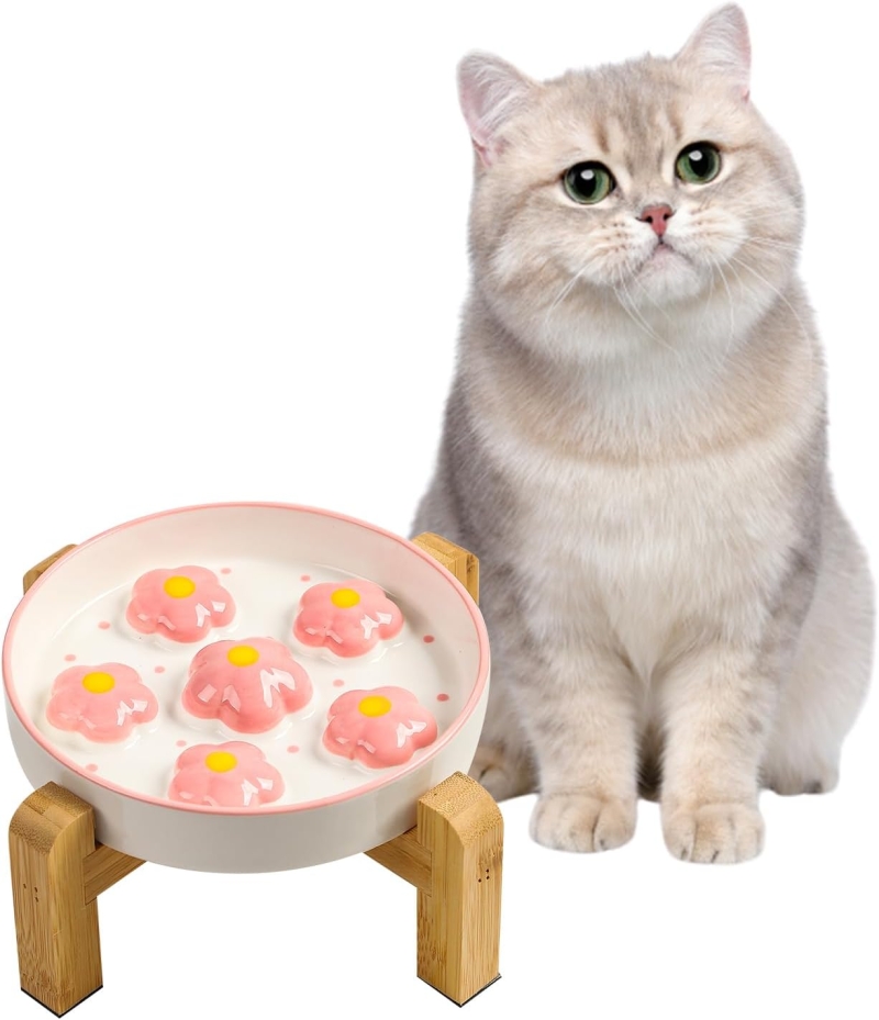comedero para gato antivoracidad elevado - Comedero para gato antivoracidad elevado con soporte de bambú antideslizante
