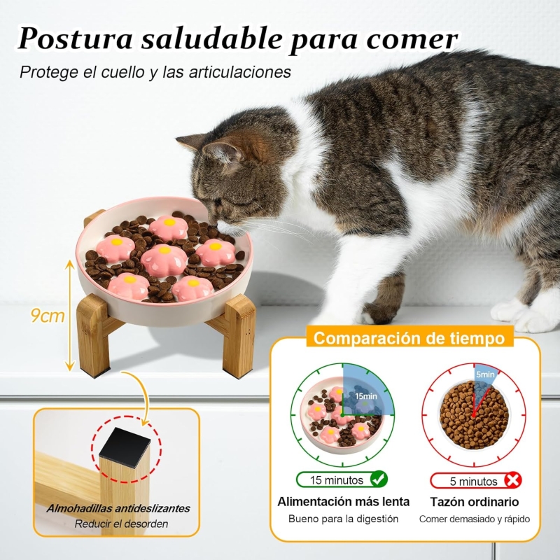 Comedero para gato antivoracidad elevado con soporte de bambú antideslizante - característica 4