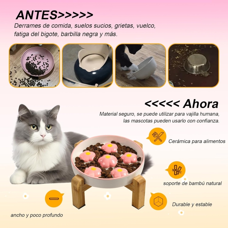 Comedero para gato antivoracidad elevado con soporte de bambú antideslizante - imagen 5
