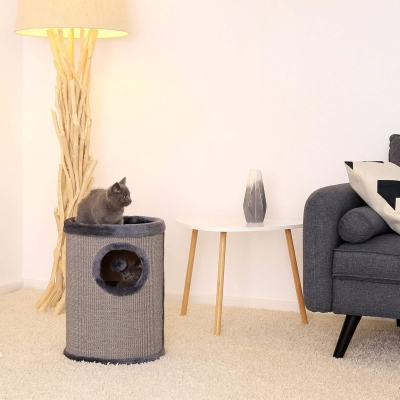Rascador de sisal para gatos lionto con pelota y borde de peluche, gris - vista 3